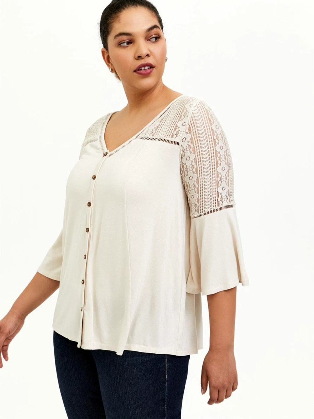 torrid Cream Lace-Sleeve Button-Front Top